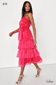 Your look will always come together in the perfect way when you're wearing the Lulus Sweetest Success Hot Pink Organza Tiered One-Shoulder Midi Dress! Shiny woven organza shapes this radiant dress that has a single spaghetti strap and a one-shoulder neckline. Fitted waist, with a removable sash belt, tops a tiered skirt that has hidden layers of tulle for volume and falls to a dancefloor-ready midi hem. Fit: This garment fits true to size. Length: Mid-calf length. Size medium measures 47" from s Hot Pink Midi Dress, Dress Organza, One Shoulder Midi Dress, Lulu Fashion, Sash Belts, Tiered Midi Dress, Sash Belt, Pink Midi Dress, Come Together