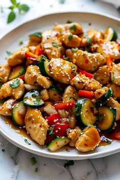 a white plate topped with chicken and veggies covered in sesame seed sauce on top of a marble table