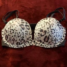 Gray Stretch Push-up Bra, Gray Underwire Bra With Padded Cups, Victoria's Secret Gray Bra, Fitted Gray Push-up Bra, Gray Fitted Push-up Bra, Victoria's Secret Stretch Low-cut Bra, Leopard Print Bra, Balconet Bra, White Leopard Print