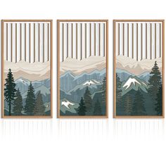 three paintings with mountains and trees on them