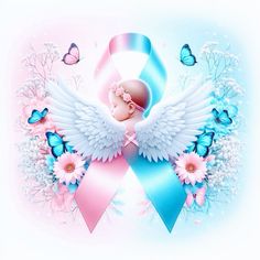 a pink and blue ribbon with an angel's head surrounded by butterflies, daisies and flowers