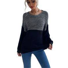 Gray Splice Black Oversized Knitted Sweater Black Knit Sweater For Layering, Black Oversized Sweater For Layering, Oversized Black Sweater For Layering, Black Knitted Sweater For Layering, Oversized Long Sleeve Sweater With Contrast Color, Black Sweater For Fall Layering, Oversized Black Patchwork Sweater, Black Oversized Sweater For Fall, Black Patchwork Crew Neck Sweater