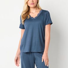 End the day on a chic note with this stylish Ambrielle women's short-sleeve pajama top. Crafted from a super-soft jersey, this pullover top style has a lace-trimmed v-neckline and cap sleeves. Slip it on with your favorite pair of pajama bottoms and a robe. Features: Lace TrimClosure Type: Pullover HeadNeckline: V NeckSleeve Length: Short SleeveSleeve Style: Cap SleeveApparel Length: 25 InchesFiber Content: 95% Polyester, 5% SpandexFabric Description: JerseyCare: Machine Wash, Tumble DryCountry Pajama Bottoms, Pajama Top, Pajamas Women, Cap Sleeves, Lace Trim, Top Styles, Pajamas, Womens Shorts, V Neck