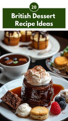 A selection of classic British desserts, including sticky toffee pudding and scones with clotted cream, presented on a table. Paul Hollywood Recipes Desserts, British Baked Goods, British Dessert Recipes, British Food Traditional, British Pudding, British Sweets