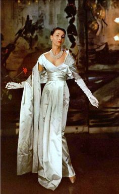 1955 Renée Breton in Christian Dior's elegant white satin gala evening gown, photo by Georges Saad at chez Véronèse. See our entire collection of Stoles at http://www.whitestole.com 1950s Couture Dress, Dior Dresses 90s, White Satin Gown