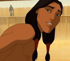 an animated image of a woman with long hair and no shirt on, looking at the camera