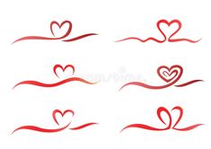 a set of nine hearts drawn in red ink on a white background with wavy lines