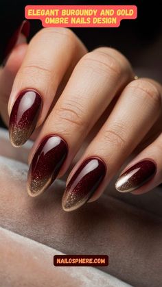 Burgundy Nails With Gold Tips, Red Gold Ombre Nails, Burgundy And Gold Glitter Nails, Wine Gold Nails, Deep Red Short Nails, Cranberry Ombre Nails, Burgundy Ombre Nail Designs, Gradient Red Nails, Dark Red Gold Nails