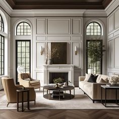 a living room with two couches, chairs and a coffee table in front of a fireplace