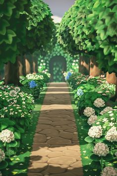 an animated image of a path through the woods with flowers and trees on either side