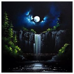 a painting of a waterfall at night with the moon in the sky