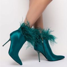 This Bootie Is Complete With A Stiletto Heel, A Pointed Toe, And A Side Zipper Closure. 4” Heel 4” Shaft Feather Heels, Cowboy Shoes, Azalea Wang, Boots Square Toe, Suede Boots Knee High, Fur Boots, Green Satin, Ankle Bootie, Wedge Boots