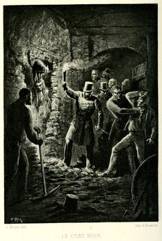 an old black and white drawing of people in a cave with one holding a torch