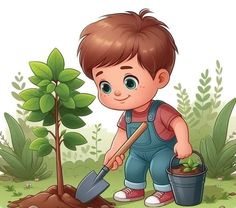 a little boy is digging in the dirt with a shovel and a potted plant