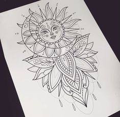 a drawing of a sunflower with leaves and drops on the bottom half of it