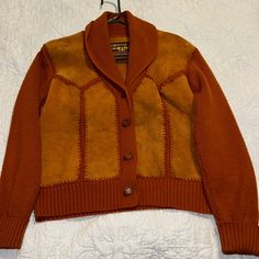 “Got It From My Grandma’s Closet.” Macklemore Vintage Large Women’s Suede Knit Burnt Orange Jacket Dry Clean Only Can Fit A Medium Depending On How You Wear It Fitted Brown Wool Cardigan, Retro Fitted Cardigan For Winter, Vintage Winter Workwear Cardigan, Retro Fitted Cardigan For Fall, Vintage Fall Sweater For Work, Fitted Brown Retro Cardigan, Retro Fitted Sweater For Work, 1970s Fitted Winter Outerwear, Retro Fitted Wool Sweater