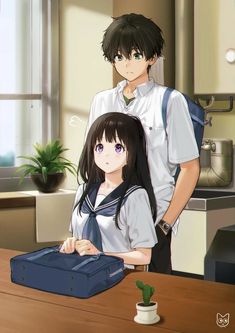 two anime characters standing next to each other in front of a table with a suitcase on it