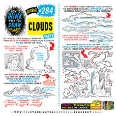 an open book with clouds on it and instructions for how to draw them in the sky