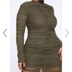 This Is A Gorgeous Army Green Rouche Dress From Fashion Nova. I Had Store Credit That I Had To Use, So I Purchased This Gorgeous Dress (During The Pandemic) That, Although Not My Style, I Very Much Wanted It To Be. Tried It On But Never Wore It. Casual Sheer Long Sleeve Mini Dress, Casual Long Sleeve Sheer Mini Dress, Backless Satin Dress, Red Bodycon Mini Dress, Forever 21 Green Fitted Mini Dress, Slinky Mini Dress, Rouched Dress, Sheer Fashion, Studded Dress