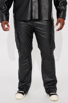 Available In Black. Flared Fit 5 Pocket Body Zip Fly Button Closure Cargo Pockets Panel Detail 100% Polyester Coated With PU Imported | Mens Finest Faux Leather Cargo Slim Flare Pants in Black size 42 by Fashion Nova Flare Pants, Swim Shorts, Jeans Pants, Clothes For Sale, Black Pants, Everyday Essentials Products, Black Fashion, Mens Pants, Fashion Nova