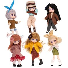 four dolls are shown in different poses on a white background, one is wearing a hat and the other has long hair