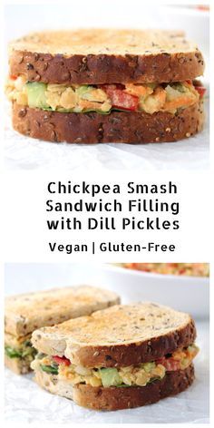 two sandwiches with different toppings on them and the words chickpea smash sandwich filling with dill pickles vegan / gluten - free