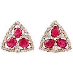 Cast from 14-karat gold, these beautiful stud earrings are hand set with .90 carats ruby & .48 carats of sparkling diamonds. FOLLOW MEGHNA JEWELS storefront to view the latest collection & exclusive pieces. Meghna Jewels is proudly rated as a Top Seller on 1stDibs with 5 star customer reviews. All items manufactured by us are handmade and can be customized or redesigned. Composition Size-13x12 MM Total Weight-3.62 Gold Weight(Gms)-3.345 Diamond Wt(Cts)-0.48 Ruby Wt(Cts)-0.9 Kelly Rutherford, Triangle Stud Earrings, Gold Diamond Earrings Studs, Rose Gold Earrings Studs, Triangle Earrings Stud, High Jewellery, Rose Gold Studs, Triangle Studs, Jeweled Earrings