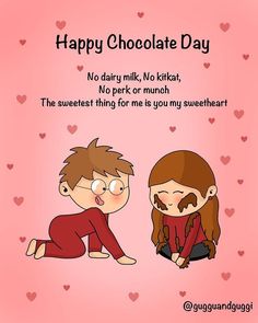 a couple sitting next to each other on a pink background with the words happy chocolate day