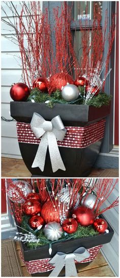 two pictures of christmas ornaments in a basket on the front porch with red and silver decorations