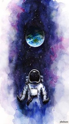 an astronaut floating in space next to the earth and another planet with watercolor paint on it