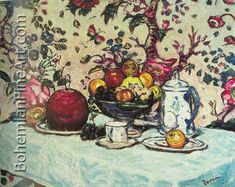 a painting of flowers and fruit on a table next to a vase with oranges