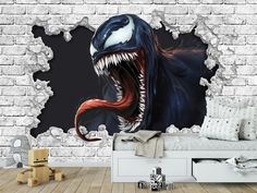 an image of a wall mural with a large shark in it's mouth breaking through a brick wall