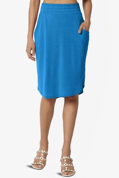 Hadyn Casual Elastic High Waist Straight Skirt OCEAN BLUE_1 Casual Stretch Pencil Skirt In Solid Color, Casual Blue Midi Bottoms, Casual Stretch Midi Skirt, Casual Blue Midi-length Bottoms, Casual Blue Midi Length Bottoms, Solid Versatile Knee-length Skirt, Casual Solid Color Midi Pencil Skirt, Casual Mid-length Relaxed Skirt, Casual 4-way Stretch Skirt For Spring