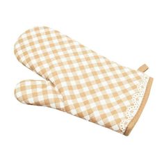 an oven mitt with a lace on the top and checkered fabric in front