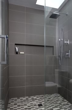 a walk in shower sitting next to a toilet under a skylight on top of a tiled floor