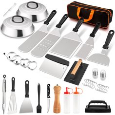 PRICES MAY VARY. [UNIQUE & COMPLETE] - Professional griddle accessories kit contains all griddle tools needed for a fancy BBQ: 2 Basting Covers, 2 Pancake Flippers, Hamburger Turner, Metal Turner, Teppanyaki Spatula, Fish Spatula, Slant-edge Scraper, Griddle Scraper, BBQ Tong, Oil Brush, Steak Knife, Pepper Grinder, Cast Iron Bacon Press, Cleaning Brush with Solid Handle, 2 Salt Shakers, 4 Egg Rings and 2 Squeeze Bottles [STURDY & DURABLE] - HaSteeL metal spatulas and melting domes are made of f Griddle Tools, Griddle Accessories, Cooking Camping, Flat Top Grill, Cast Iron Griddle, Griddle Grill, Burger Press, Barbecue Tools, Stainless Steel Grill