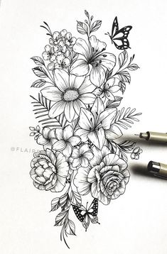 a pencil drawing of flowers with butterflies on the top and bottom half of it, next to two pens