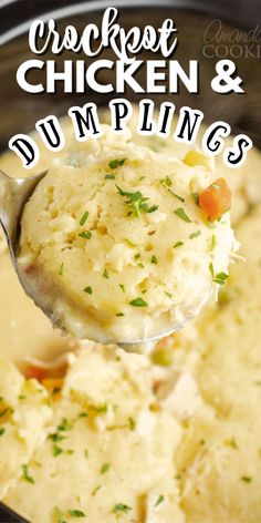 crockpot chicken and dumplings in a slow cooker with a ladle