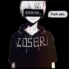 an anime character wearing a black hoodie with the word error written across his face