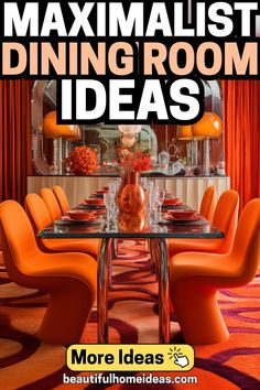 maximalist dining room ideas. image shows a vibrant orange maximalist dining room with orange carpet, orange curved dining chairs and a glass dining table Maximalist Entryway Ideas, Feminine Maximalist Decor, Room Ideas Maximalist, Maximalist Dining Rooms, Mexican House Interior, Maximalist Dining Room, Japandi Dining Room Design, Maximalist Bedroom Ideas, Japandi Dining