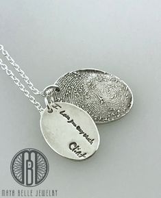 One Handwriting and One Fingerprint Charm Necklace In Choice of Silver or Bronze and Shape - Maya Belle Jewelry Customizable Silver Necklace For Father's Day, Symbolic Silver Jewelry With Laser Engraving, Adjustable Engraved Meaningful Charm Necklaces, Symbolic Silver Laser Engraved Jewelry, Heart-shaped Laser Engraved Sterling Silver Jewelry, Symbolic Laser Engraved Silver Jewelry, Laser Engraved Heart-shaped Sterling Silver Jewelry, Laser Engraved Heart Sterling Silver Jewelry, Memorial Pendant Jewelry For Father's Day