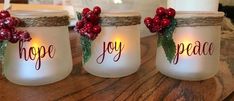 three mason jars with christmas decorations on the lids that say hope, joy and peace