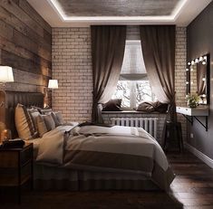 a bedroom with brick walls and wooden flooring, along with a bed that has two pillows on it