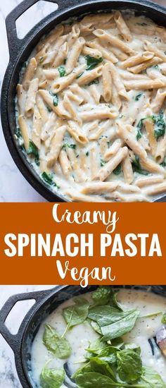 creamy spinach pasta in a cast iron skillet