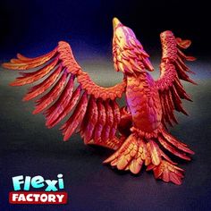 a red bird with wings spread out on a black background and the words flex factory above it