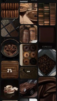 a collage of different types of chocolates and donuts with coffee beans on them