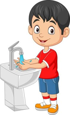 a little boy washing his hands with water from the faucet in front of him