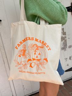 Customizable fall pumpkin tote! Perfect for all your apple picking, farmer's market, and other fall needs. The totes are soft, comfortable, and built to last. This design features art digitally created by me, two pumpkins with a location that can be customized. All designs are printed on a 16 inch (height) by 15 inch (width) bag. Fall Farmers Market, Farmers Market Tote Bag, Fall Tote Bag, Fall Tote, Fall Bags, Fall 24, Providence Ri, Fall Inspo, Bag Ideas