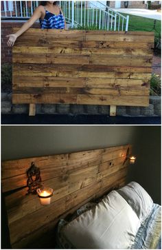 two pictures side by side one shows a bed and the other shows a headboard made out of pallet wood