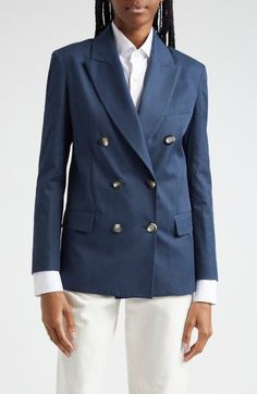 Taking inspiration from classic tailored pieces, this jacket in a close fit made from a stretch blend of linen and cotton is perfect for lightweight layering. 27 1/2" length (size 44it) Notched lapels Front flap pockets; chest welt pocket Lined 52% linen, 46% cotton, 2% elastane Dry clean Made in Italy Designer Clothing Classic Cotton Suit For Work, Elegant Single Breasted Cotton Blazer, Elegant Single-breasted Cotton Blazer, Luxury Cotton Blazer For Semi-formal Occasions, Tailored Double-breasted Cotton Outerwear, Luxury Notch Lapel Cotton Blazer, Double-breasted Cotton Formal Outerwear, Luxury Tailored Cotton Blazer, Formal Double-breasted Cotton Outerwear